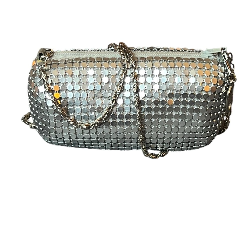 Silver Mesh Vintage Long Chain Mini Purse Zipper Crossbody Evening Bag